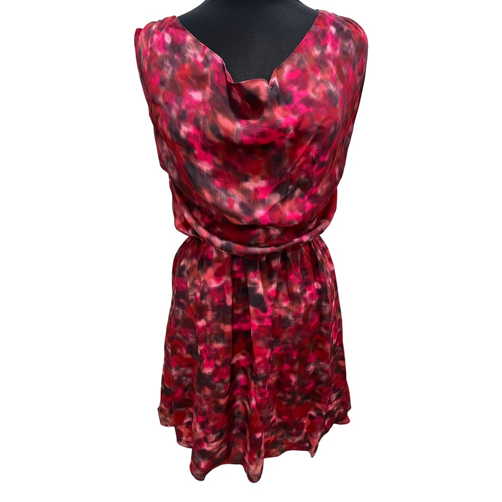 Alice + Olivia Pink Red Abstract Watercolor Cowl Neck Mini Dress Size S Zip Back